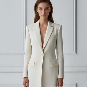 Minimalist women’s ivory suit photographed against white wall background