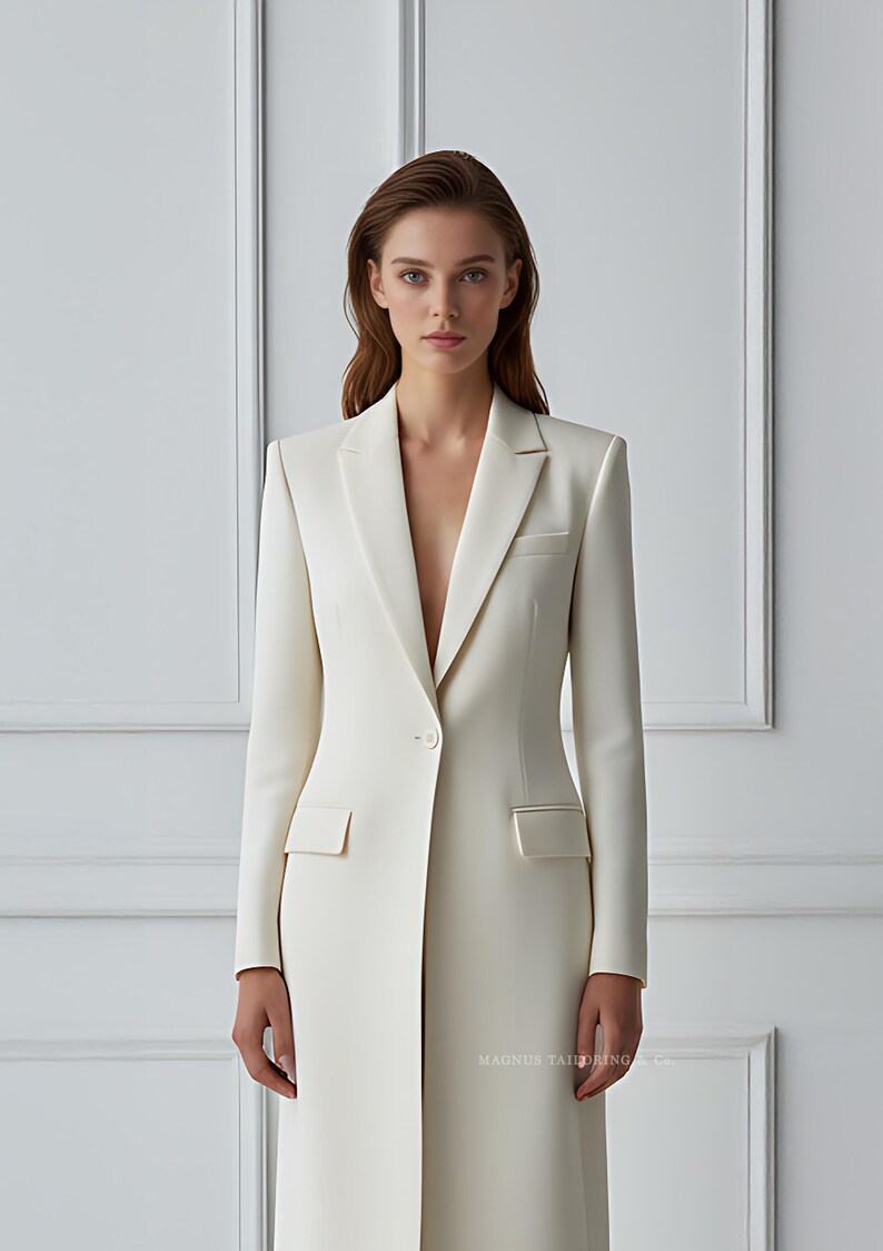 Minimalist women’s ivory suit photographed against white wall background