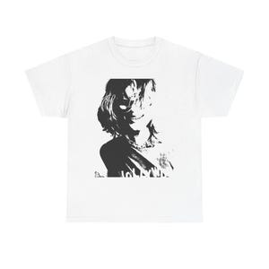 May include: A white short-sleeve t-shirt featuring a high-contrast black and white graphic print on the chest. The graphic depicts a stylized, shadowed portrait of a person with messy hair and a visible grin, rendered in a stark, ink-like aesthetic.