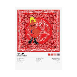 Peut inclure: Une affiche rouge avec une bordure blanche présente un graphisme d'une femme aux cheveux blonds, portant un haut de bikini, un short en jean et des bottes noires. Le fond est un motif cachemire rouge. Le texte comprend "B4EM" et "NINE VICIOUS".