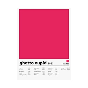 May include: A pink square with the text "ghetto cupid 2023" and "jaydes" in black text. Below the text is a list of song titles and their lengths in minutes and seconds.