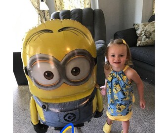 Minion Dress, Minion blue dress, Minion pillowcase, modeled by Lenorah 3 ,6, 9,12,18, months 2t, 3t, 4t, 5t, 6, 7, 8, 9, 10, 12,14