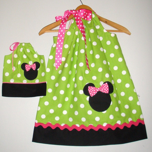 minnies green dot pink trim  pillowcase matching doll dress  sizes 5t, 6, 7, 8 American Girl Doll or 18" doll