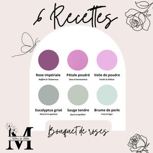 May include: A graphic design featuring six color swatches in shades of purple, pink, and green, with text in French. The text includes "6 Recettes" and "Bouquet de roses," along with color names and descriptions. A butterfly and rose illustrations are also present.