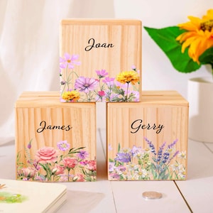 Personalized Coin Bank with Name, Wooden Money Box Gift, Girl Flowers Piggy Bank, Baptism Gift, Baby Shower, Kids Coin Bank, Nursery Decor