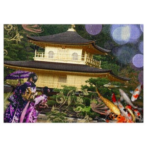 Templo Kinkakuji ou Templo do Pavilhão Dourado em Kyoto - Carpa Koi e Furisode - Quebra-cabeça Japão 6 formatos de peças diferentes