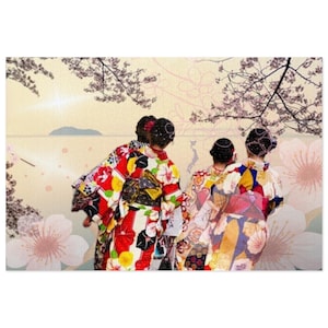Sakura (flores de cerejeira), Furisode (quimono de mangas compridas) e o mar calmo - Quebra-cabeça Fantasia Japonesa - 6 formatos de peças diferentes