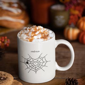 Custom name mug, Spooky Love Mug, Halloween Coffee Cup, Spider Web Design, Cute Gift for Her, Gothic Home Decor