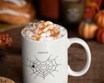 Custom name mug, Spooky Love Mug, Halloween Coffee Cup, Spider Web Design, Cute Gift for Her, Gothic Home Decor