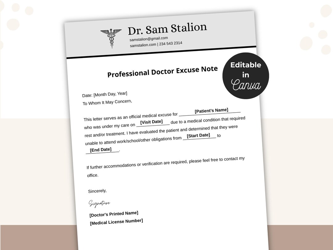 Excuse Note Form.pdf Editable Doctor Excuse Note Template | Medical Leave Form (pdf/canva ...