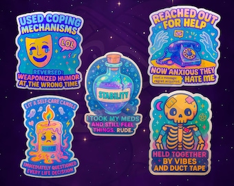 Humorous Mental Health Sticker Set: Clear or Holographic Decals for Journals, Laptops & Water Bottles