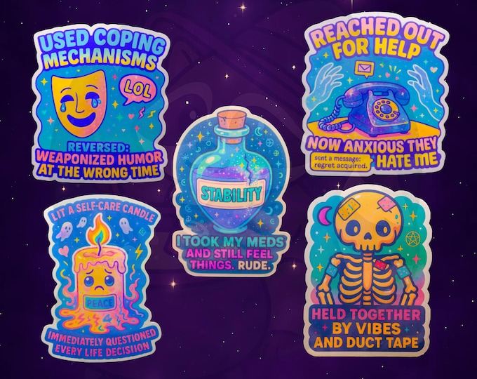 Featured listing image: Humorous Mental Health Sticker Set: Clear or Holographic Decals for Journals, Laptops & Water Bottles