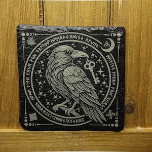 Norse Raven Huginn & Muninn Laser Engraved Slate Coaster | Viking Mythology Odin Gift