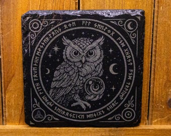 Celestial Owl Laser Engraved Slate Coaster | Witchy Gothic Elder Futhark Gift
