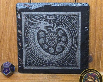 Fantasy Laser Engraved Slate Coasters: Laser Engraved Dice, Dragons, Celestial Cat & Wolf - Witchy TTRPG Decor Gift