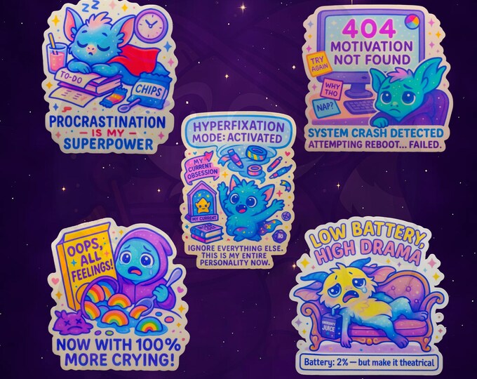 Featured listing image: Funny Mental Health Stickers for ADHD & Neurodivergent Adults | Holographic or Clear Vinyl | Procrastination | Hyperfixation Designs