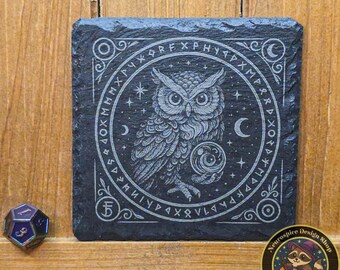 Witchy Slate Coasters Set – Engraved Bat, Dragon, Fox & Owl | Gothic Home Decor | Halloween Fantasy Gift