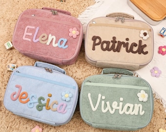 Bolsa de almuerzo con nombre personalizada hecha a mano, juego de mochila para la vuelta al cole, mochila infantil personalizada, mochila escolar, regalo para niños, mochila de pana para niños pequeños, bolso de mano para niños
