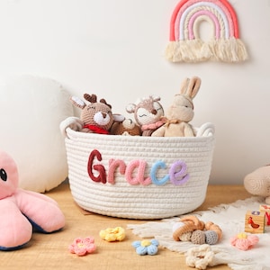 Benutzerdefinierte Baby-Geschenkkorb für Neugeborene, Babyparty-Geschenkkorb für Mädchen Jungen, Seil Baumwolle Baby-Geschenkkorb, Spielzeug-Haustierkorb, Baby Namen Geschenk
