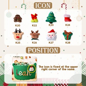 May include: A collection of Christmas-themed plush icons, including a gingerbread man, bell, Christmas tree, stocking, reindeer, Santa Claus, and gift. The icons are displayed with the text "ICON" and "POSITION". A green basket with the name "Leah" and a Santa icon is also shown.