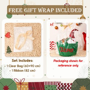 May include: The image shows a gift wrapping set, including a clear bag (23.6 x 35.4 inches) and a ribbon (32.3 inches). A green basket with the name "Oliver" is shown as an example of how the gift wrap can be used.