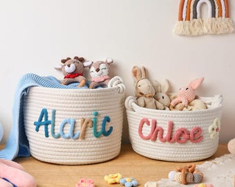 Personalized Baby Basket, Woven Cotton Nursery Storage, Newborn Gift