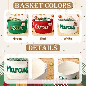 May include: A collection of three woven rope baskets in green, red, and white, each with a name in a contrasting color. The green basket says "Leah", the red basket says "Carter", and the white basket says "Marcus". The image also shows details of the baskets.