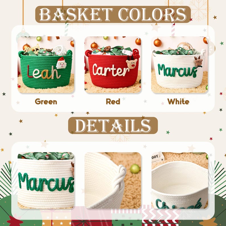 May include: A collection of three woven rope baskets in green, red, and white, each with a name in a contrasting color. The green basket says "Leah", the red basket says "Carter", and the white basket says "Marcus". The image also shows details of the baskets.