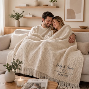 Personalized Anniversary Blanket,Custom Embroidered Couple Names Date Throw,Wedding Anniversary Gift for Wife Husband,Cozy Knit Fringe Throw