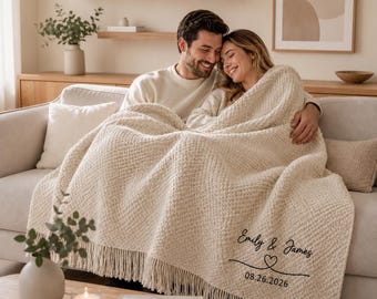 Personalized Anniversary Blanket,Custom Embroidered Couple Names Date Throw,Wedding Anniversary Gift for Wife Husband,Cozy Knit Fringe Throw