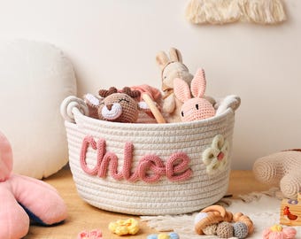 Canasta personalizada para bebé con nombre, canasta de regalo para baby shower, canasta de regalo de algodón y cuerda para bebé, canasta de regalo para bebé, canasta de juguetes, regalo para la habitación del bebé