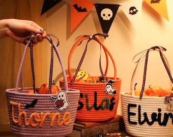 Personalized Halloween Candy Basket, Kids Trick or Treat Bag, Cotton Rope Decor