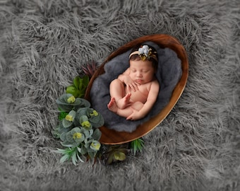 Newborn Digital Backdrop,Wooden Bowl with Grey Fluff On Grey Flokati Digital Backdrop,Newborn Overlay,Instant Download Neutral Newborn Prop
