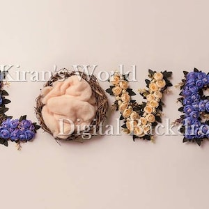 Fundo digital para recém-nascidos, cenário digital de amor, fundo de amor, sobreposição de recém-nascidos, flores rosa creme roxo azul, cenário de download instantâneo