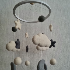 White Grey Moon Clouds Stars Cot Mobile,Boho Mobile,Clouds Moon Crescents Stars Nursery Decor,Muted Colors Neutral Nursery,Baby Shower Gift