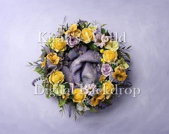 Newborn Flower Wreath Digital Backdrop,Floral Wreath Digital Background,Newborn Overlay,Wreath Flowers Lilac Yellow Salmon,Instant Download