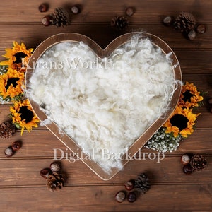 Wooden Heart Bowl Digital Backdrop,Autumn Fall Newborn Digital,Pine Cones Conkers Sunflowers Brown Wooden Floor Digital Newborn Photography