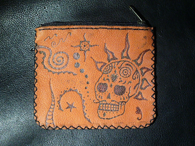 Handmade Red Leather Coin Purse.Mexican Punkalavera