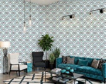 Papel pintado geométrico moderno color verde azulado para la sala de estar: una decoración de pared llamativa y elegante.