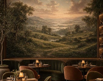 Mural de papel pintado con paisaje francés panorámico de escena campestre, decoración de pared de estilo vintage y naturaleza.