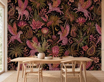Papel pintado autoadhesivo con estampado de leopardo alado en oro rosa, mural botánico oscuro, mágico de cuento de hadas.