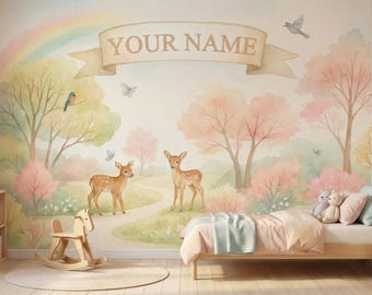 Fairy forest wallpaper mural personalized name, baby girl nursery wall decor peel and stick