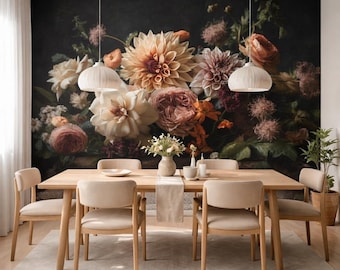 Dark Floral Wall Mural Peel Stick Wallpaper Vintage Peony Botanical Accent Decor