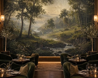 Mural de papel pintado con diseño de bosque, paisaje fluvial, decoración de pared vintage con naturaleza, autoadhesivo.