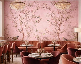 Chinoiserie bird floral mural peel and stick pink landscape wallpaper for bedroom
