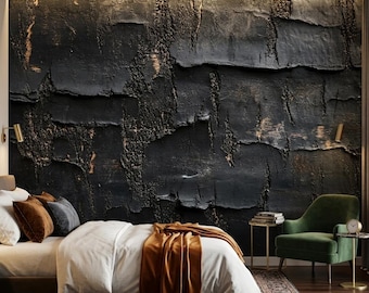 Black Concrete Peel and Stick Wallpaper, Dark Modern Removable Wall Mural