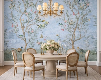 Soft chinoiserie bird wallpaper peel and stick blue floral wall mural