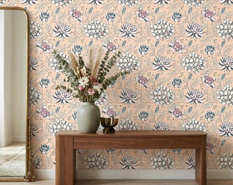 Papel pintado autoadhesivo con estampado floral de melocotón, removible, estilo bohemio vintage, mural de pared para decoración.