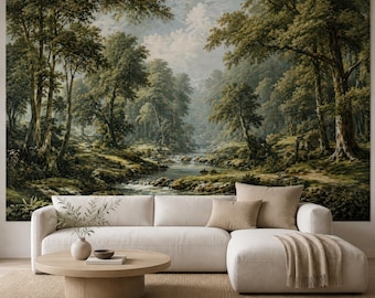 Murale vintage inglese con paesaggio boschivo antico, adesivo da parete.