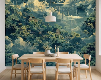 Teal Chinoiserie Wall Mural Peel and Stick Wallpaper Cloud Landscape for Dining Room